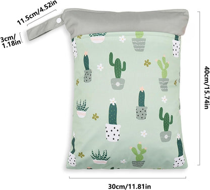 2pcs Wet Bags Waterproof Reusable Wet Dry Bag with Two Zippered Pockets Travel Beach Pool Daycare Yoga Gym Bag for Baby Cloth Diaper,Swimsuits,Wet Clothes (Cactus)