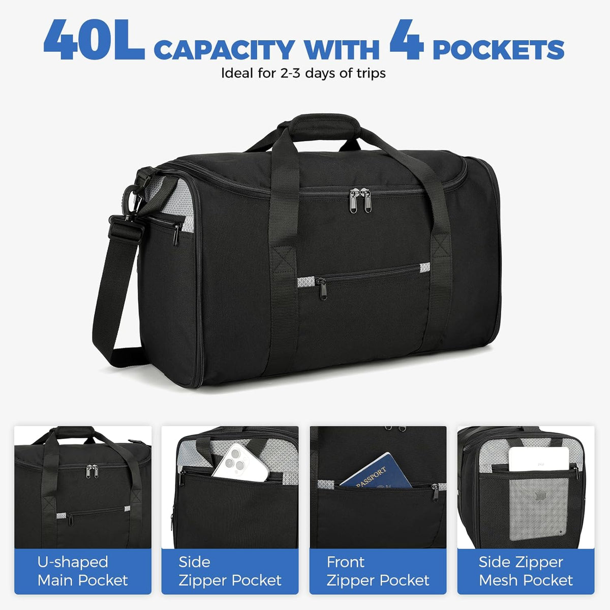 Uarition 18 inch Small Gym Bag for Men - Foldable Bags for Airplanes Carry On Duffle Bag for Travel, Black