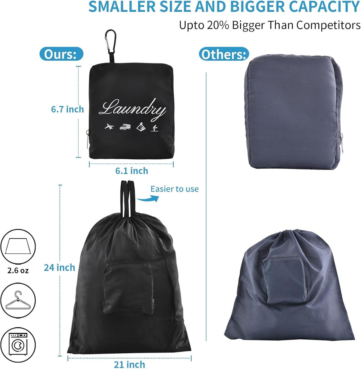 Travel Laundry Bags, Dirty Clothes Organizer【Upgraded】with Handles and Aluminum Carabiner for Travel, Camp, Fitness, and Students (Black&Grey) 24"L x 21"W