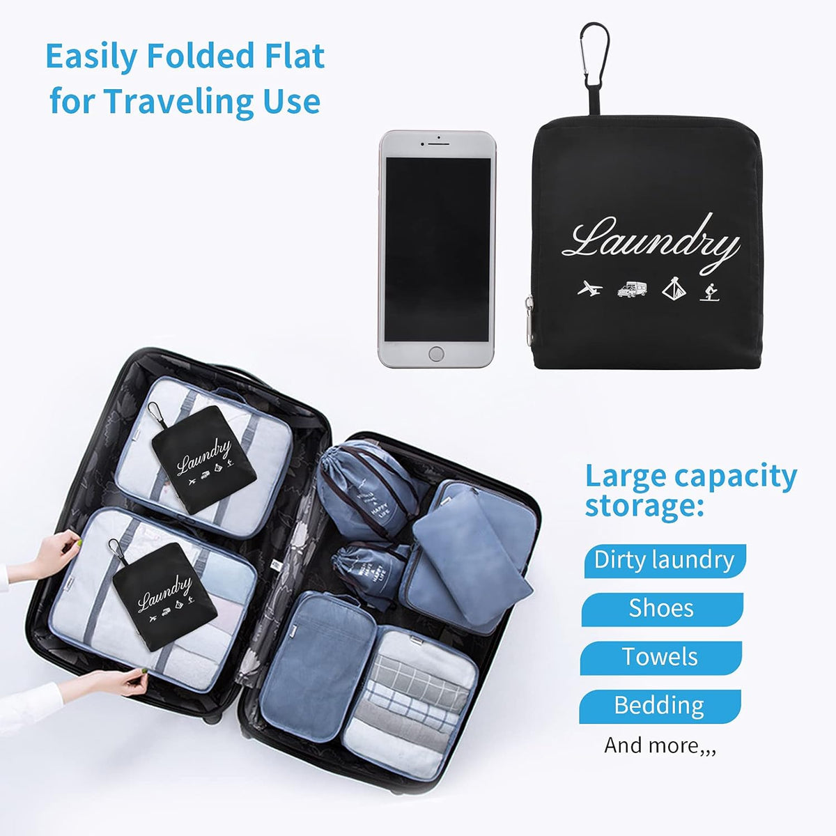 Travel Laundry Bags, Dirty Clothes Organizer【Upgraded】with Handles and Aluminum Carabiner for Travel, Camp, Fitness, and Students (Black&Grey) 24"L x 21"W