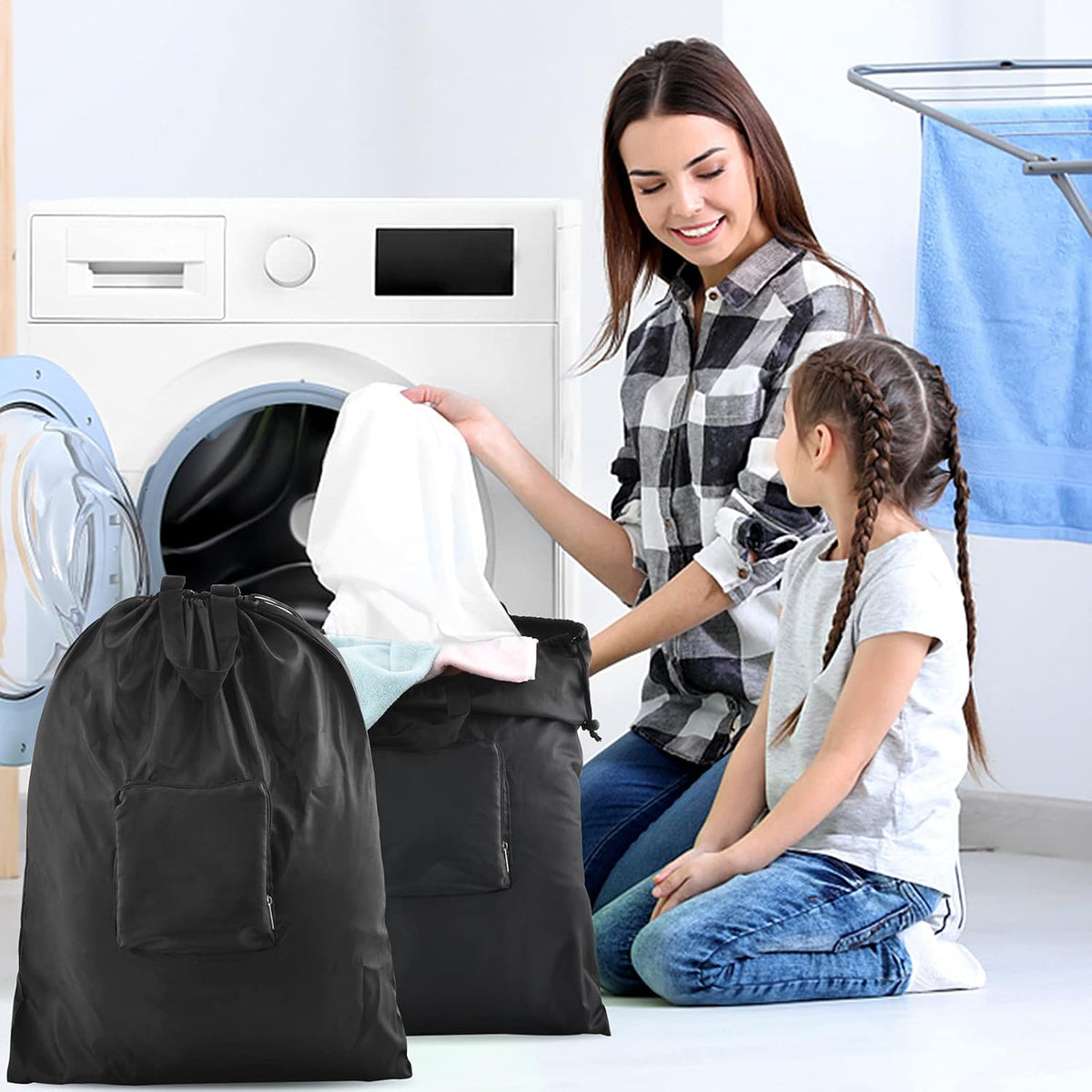 Travel Laundry Bags, Dirty Clothes Organizer【Upgraded】with Handles and Aluminum Carabiner for Travel, Camp, Fitness, and Students (Black&Grey) 24"L x 21"W