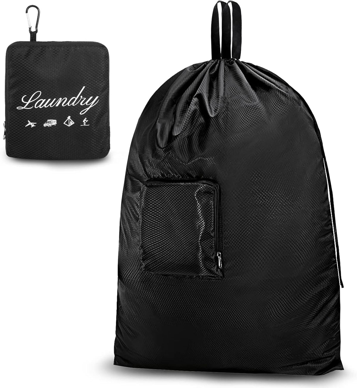 Travel Laundry Bags, Dirty Clothes Organizer【Upgraded】with Handles and Aluminum Carabiner for Travel, Camp, Fitness, and Students (Black&Grey) 24"L x 21"W