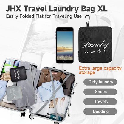 Travel Laundry Bags, Dirty Clothes Organizer【Upgraded】with Handles and Aluminum Carabiner for Travel, Camp, Fitness, and Students (Black&Grey) 24"L x 21"W