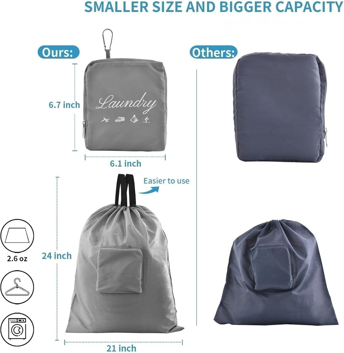 Travel Laundry Bags, Dirty Clothes Organizer【Upgraded】with Handles and Aluminum Carabiner for Travel, Camp, Fitness, and Students (Black&Grey) 24"L x 21"W