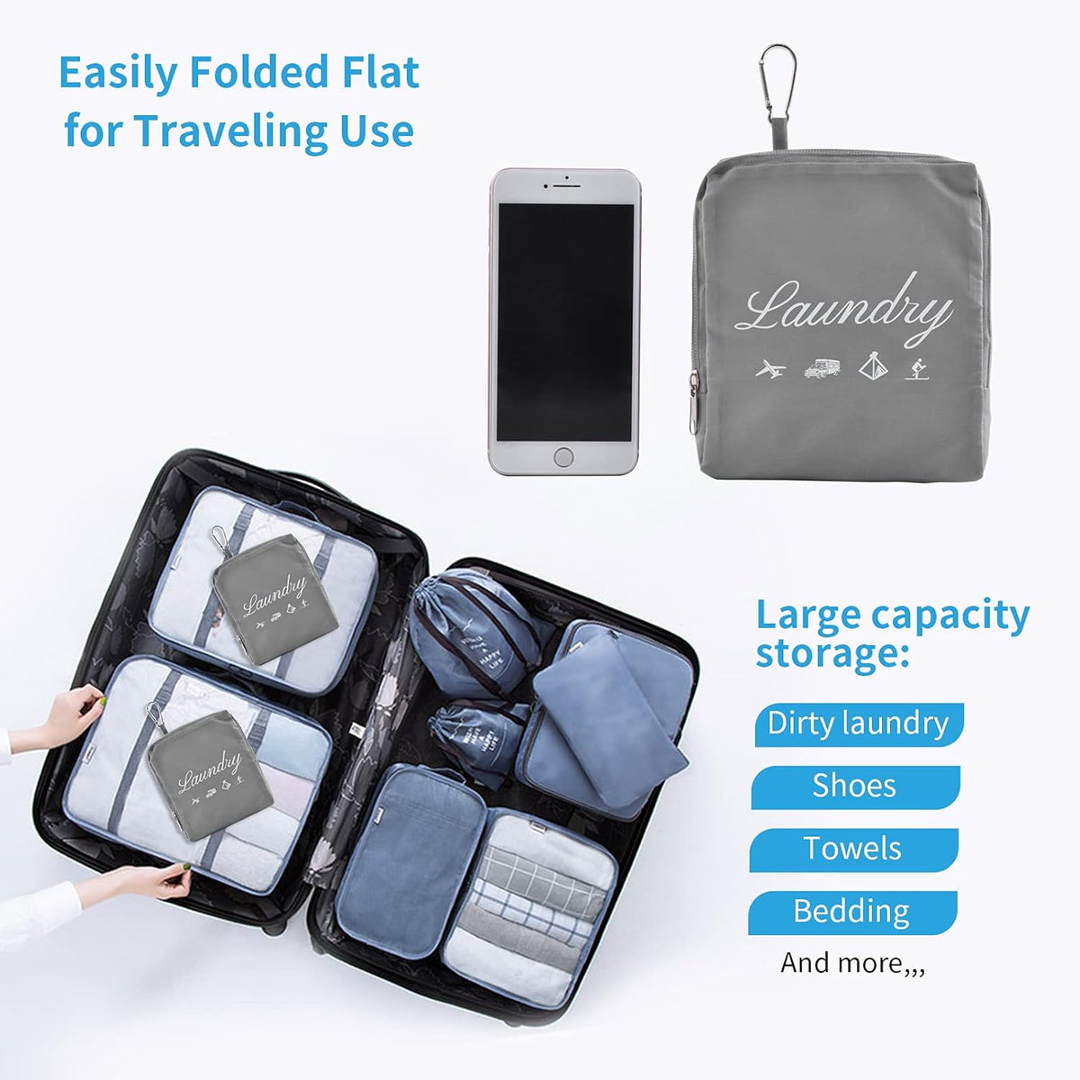 Travel Laundry Bags, Dirty Clothes Organizer【Upgraded】with Handles and Aluminum Carabiner for Travel, Camp, Fitness, and Students (Black&Grey) 24"L x 21"W