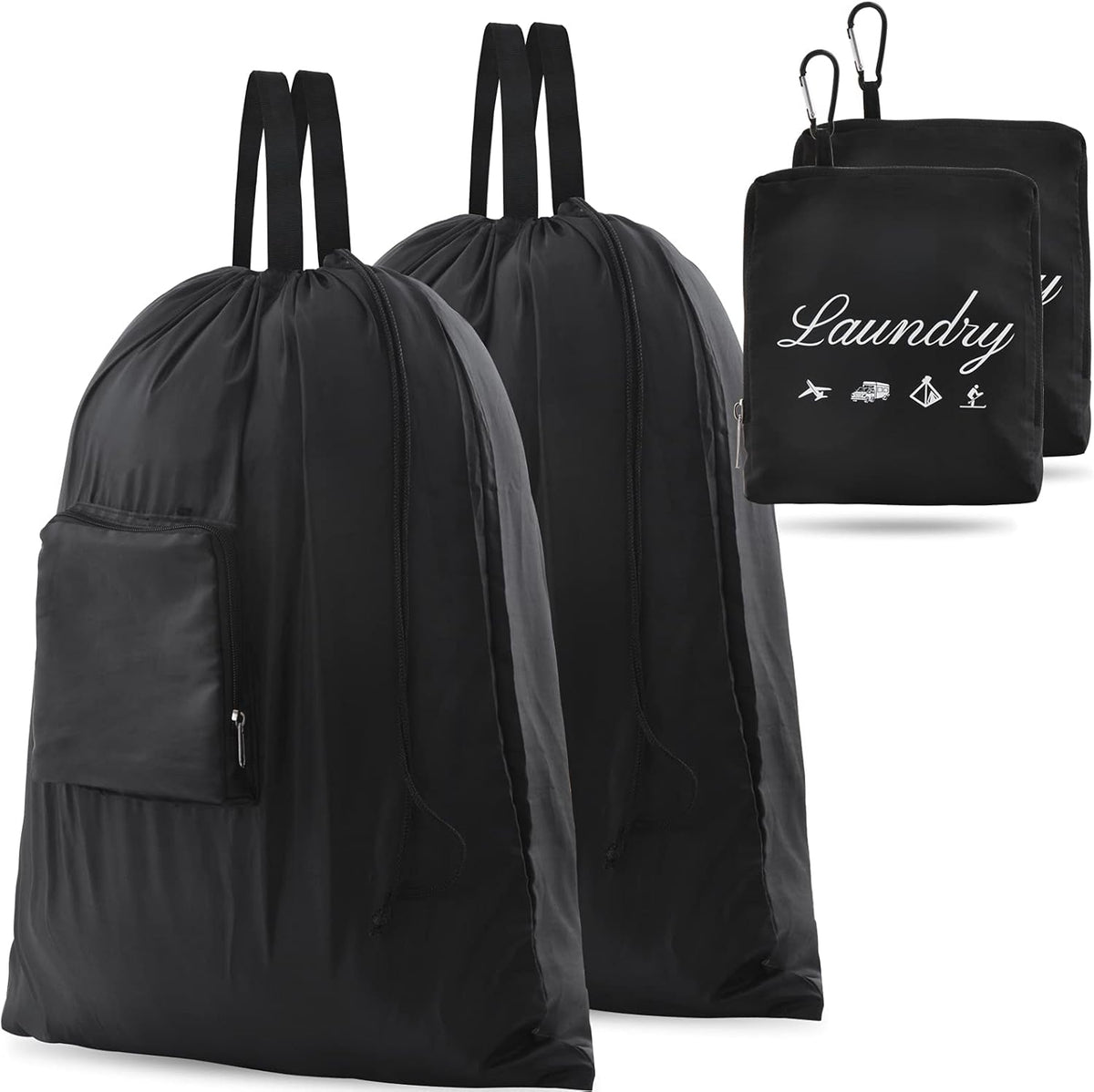 Travel Laundry Bags, Dirty Clothes Organizer【Upgraded】with Handles and Aluminum Carabiner for Travel, Camp, Fitness, and Students (Black&Grey) 24"L x 21"W