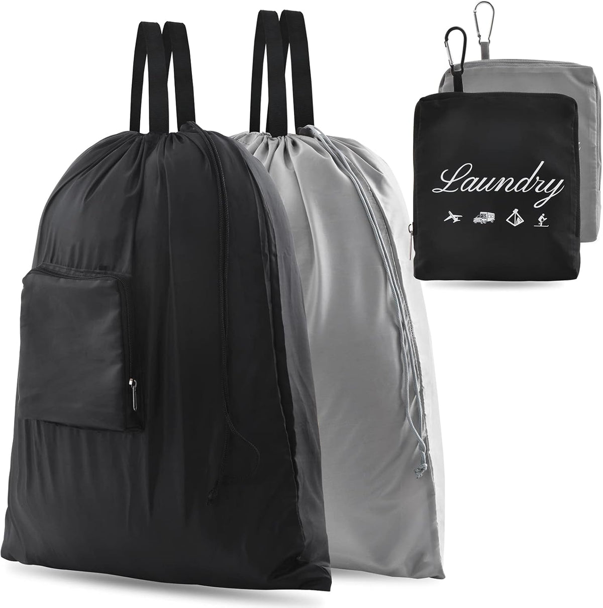 Travel Laundry Bags, Dirty Clothes Organizer【Upgraded】with Handles and Aluminum Carabiner for Travel, Camp, Fitness, and Students (Black&Grey) 24"L x 21"W