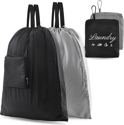 Travel Laundry Bags, Dirty Clothes Organizer【Upgraded】with Handles and Aluminum Carabiner for Travel, Camp, Fitness, and Students (Black&Grey) 24"L x 21"W