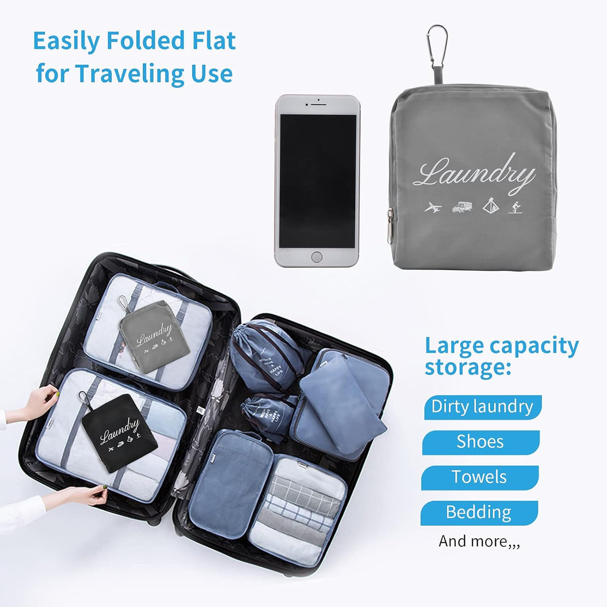 Travel Laundry Bags, Dirty Clothes Organizer【Upgraded】with Handles and Aluminum Carabiner for Travel, Camp, Fitness, and Students (Black&Grey) 24"L x 21"W