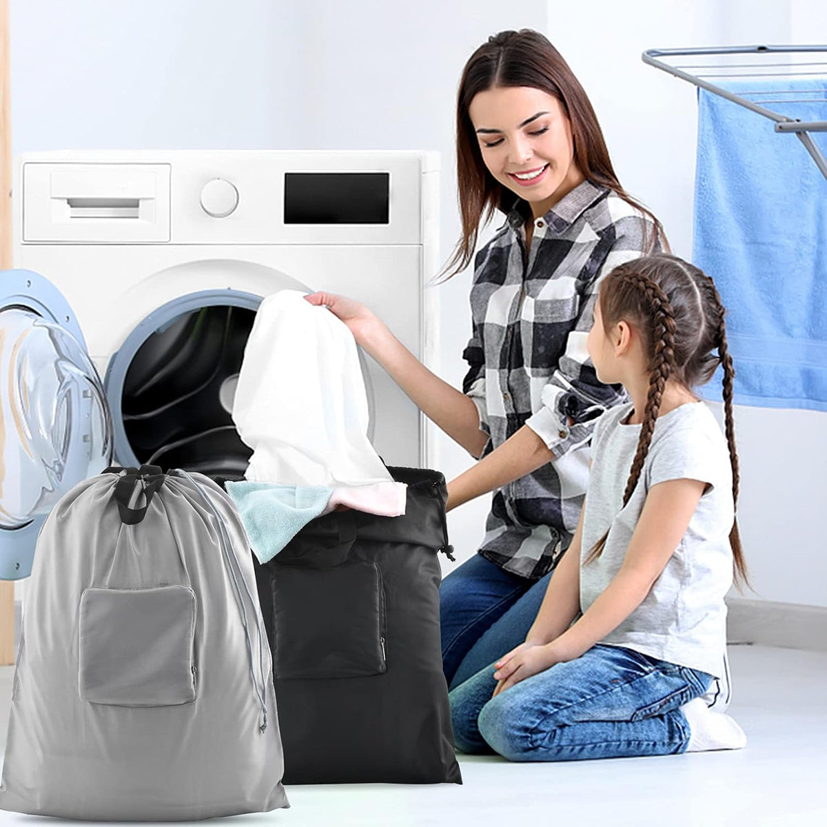 Travel Laundry Bags, Dirty Clothes Organizer【Upgraded】with Handles and Aluminum Carabiner for Travel, Camp, Fitness, and Students (Black&Grey) 24"L x 21"W