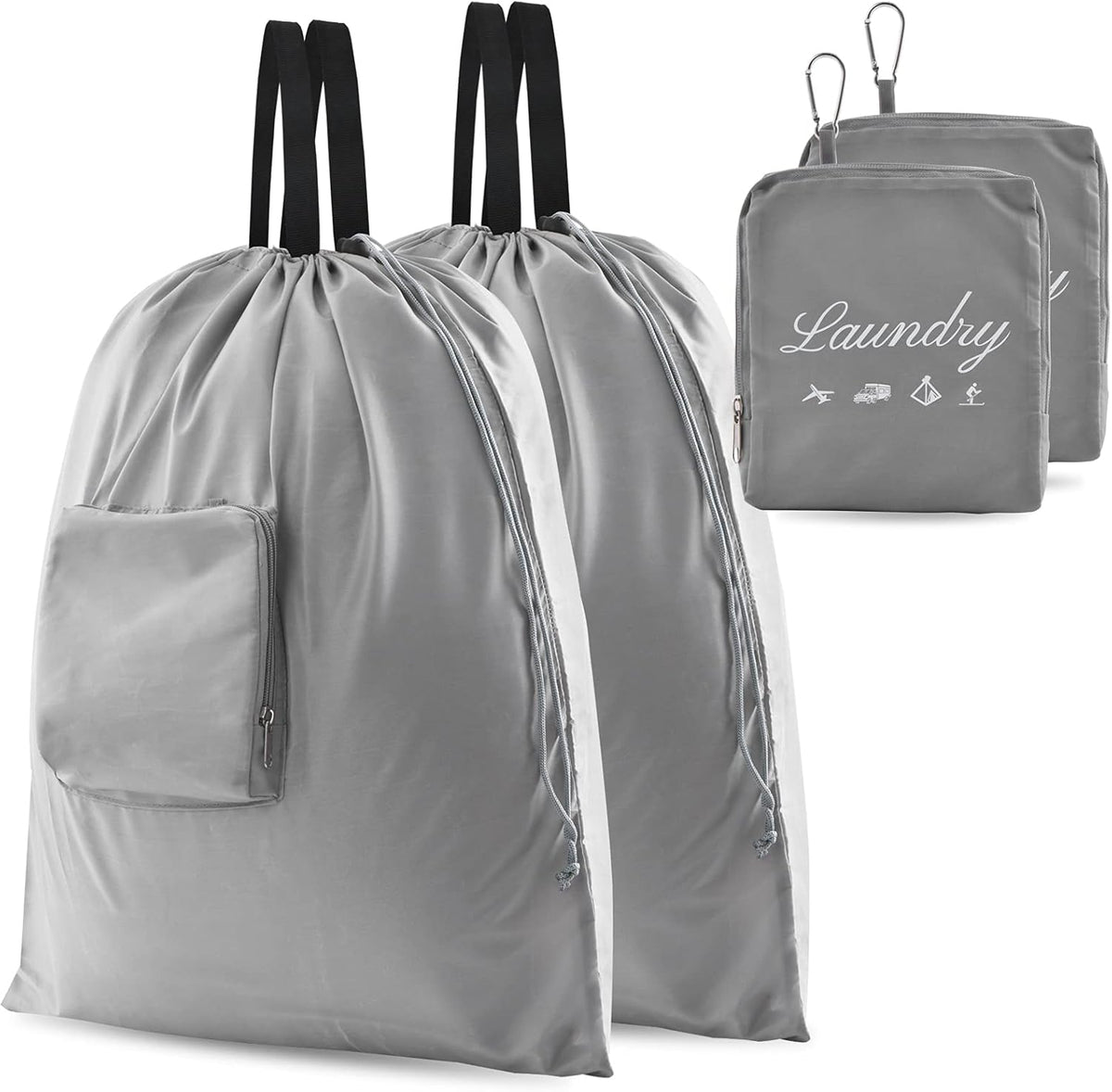 Travel Laundry Bags, Dirty Clothes Organizer【Upgraded】with Handles and Aluminum Carabiner for Travel, Camp, Fitness, and Students (Black&Grey) 24"L x 21"W