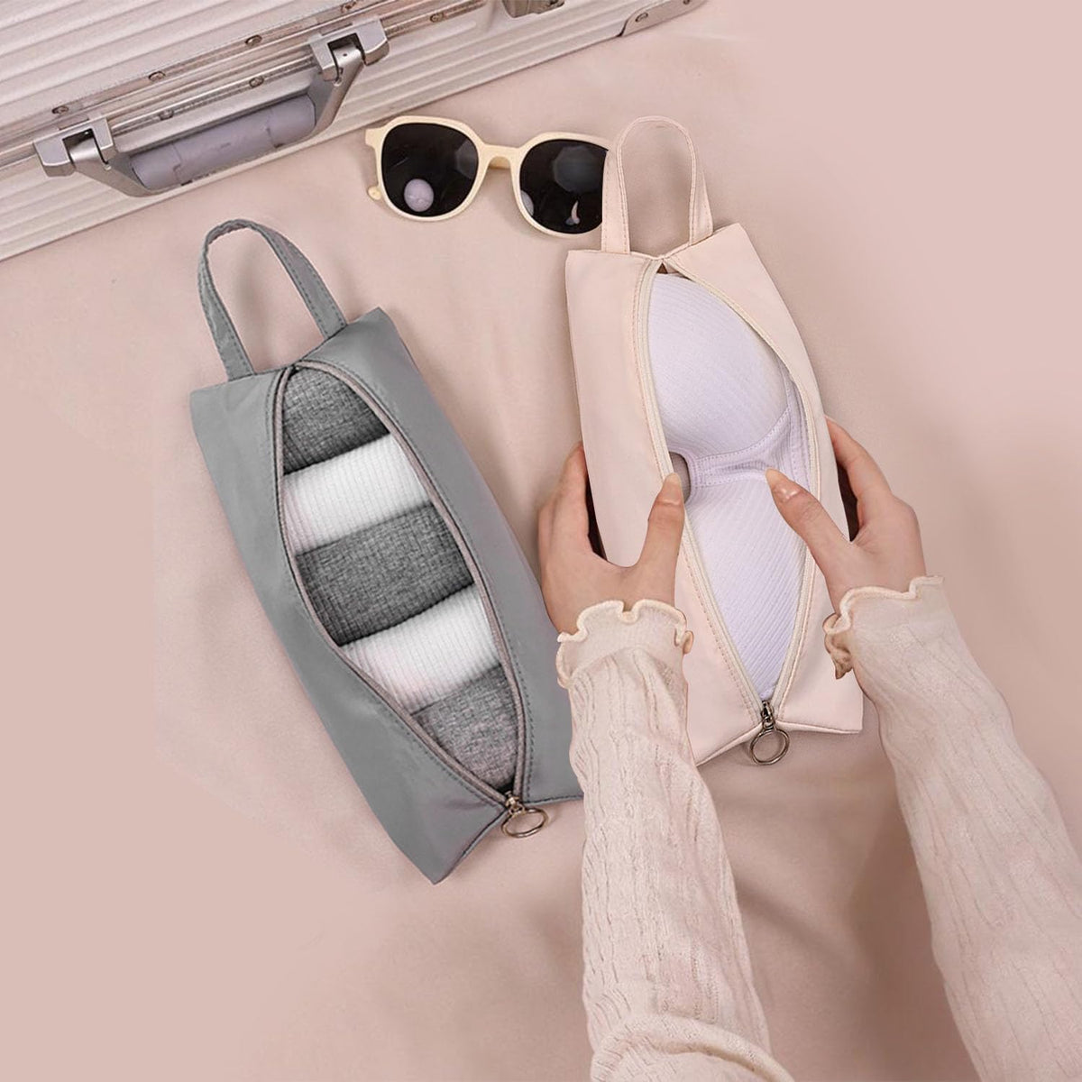 Travel Underwear Organize Storage Bag, Multi-function Cosmetic Bag, Portable Zipper Toiletry Bag, Cube Socks Packing Bags for Man and Women, Pink+Apricot