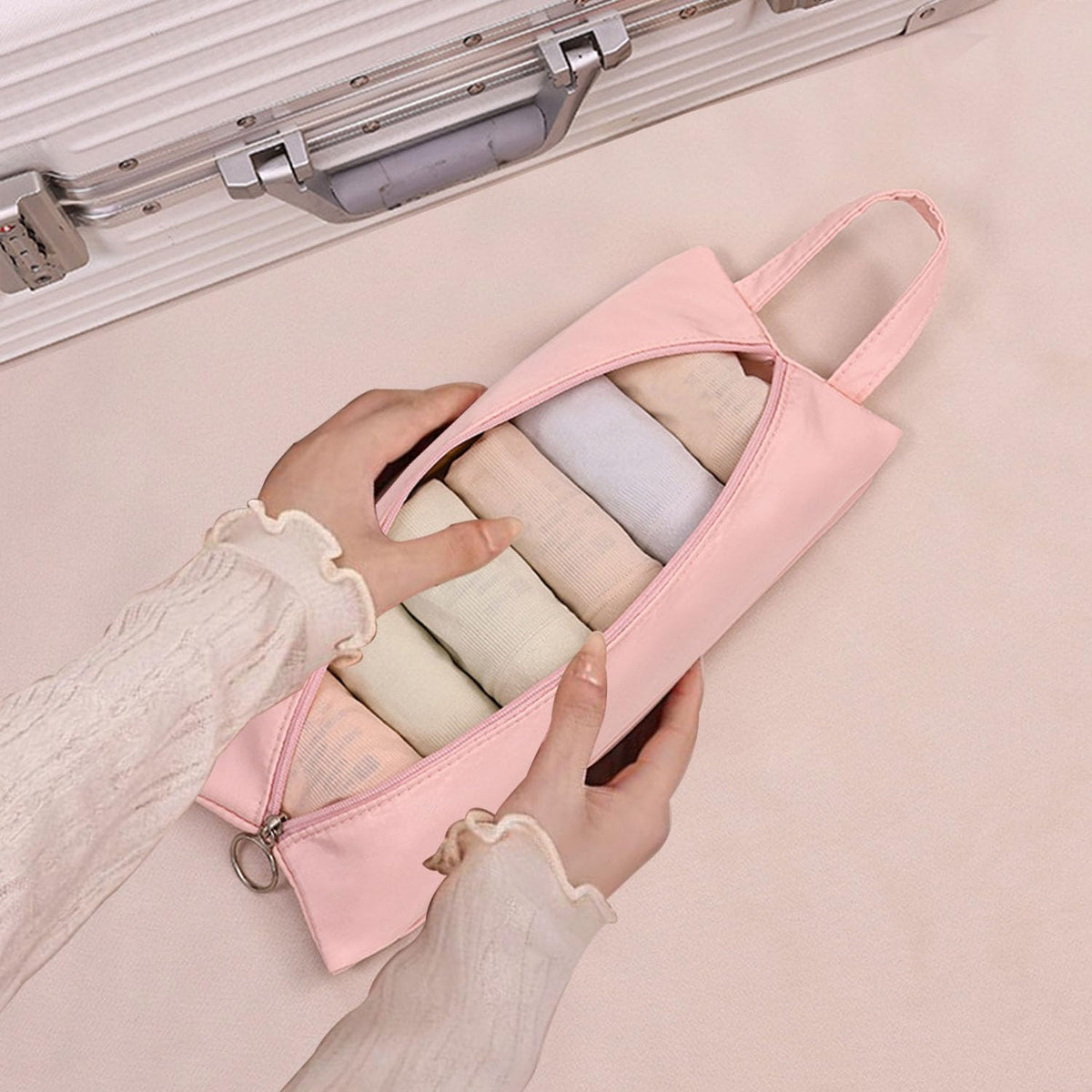 Travel Underwear Organize Storage Bag, Multi-function Cosmetic Bag, Portable Zipper Toiletry Bag, Cube Socks Packing Bags for Man and Women, Pink+Apricot