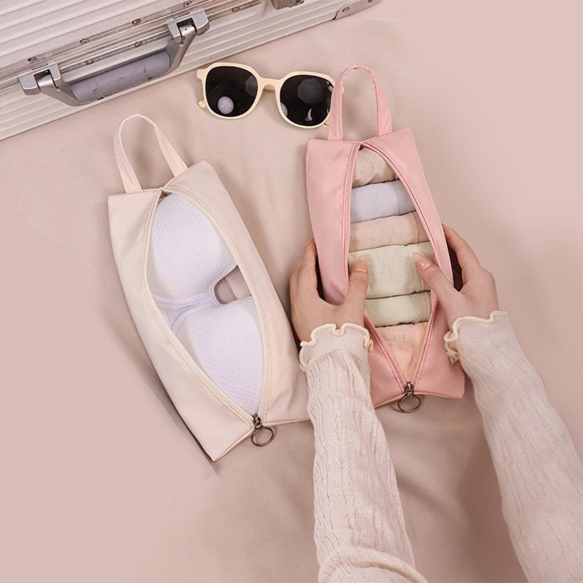 Travel Underwear Organize Storage Bag, Multi-function Cosmetic Bag, Portable Zipper Toiletry Bag, Cube Socks Packing Bags for Man and Women, Pink+Apricot