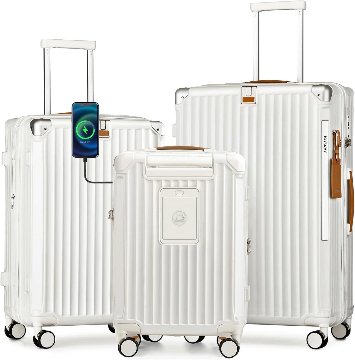 Carry On Luggage, Expandable Suitcase with Smart Cup Holder and USB Port, 20 IN Hardside Checked with TSA Lock Spinner Double Wheels, White