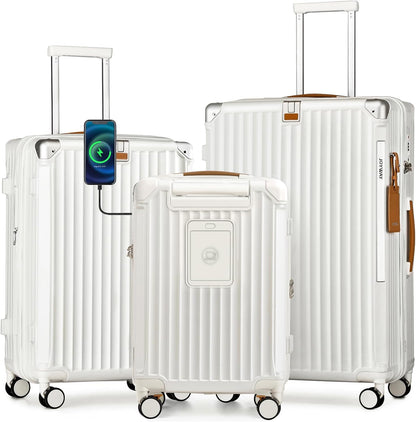 Carry On Luggage, Expandable Suitcase with Smart Cup Holder and USB Port, 20 IN Hardside Checked with TSA Lock Spinner Double Wheels, White