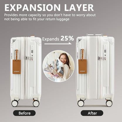 Carry On Luggage, Expandable Suitcase with Smart Cup Holder and USB Port, 20 IN Hardside Checked with TSA Lock Spinner Double Wheels, White