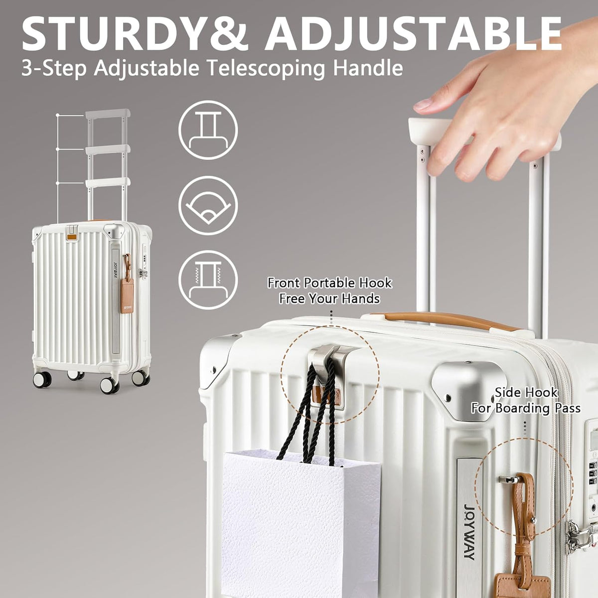 Carry On Luggage, Expandable Suitcase with Smart Cup Holder and USB Port, 20 IN Hardside Checked with TSA Lock Spinner Double Wheels, White