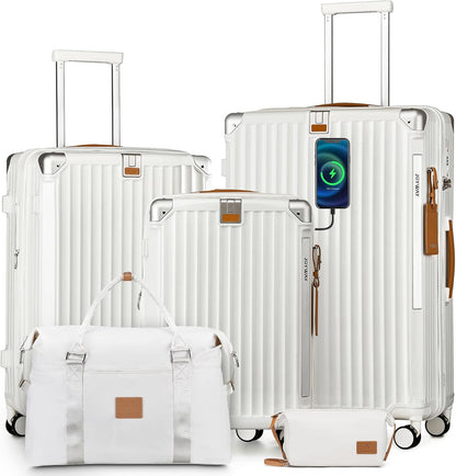 Carry On Luggage, Expandable Suitcase with Smart Cup Holder and USB Port, 20 IN Hardside Checked with TSA Lock Spinner Double Wheels, White