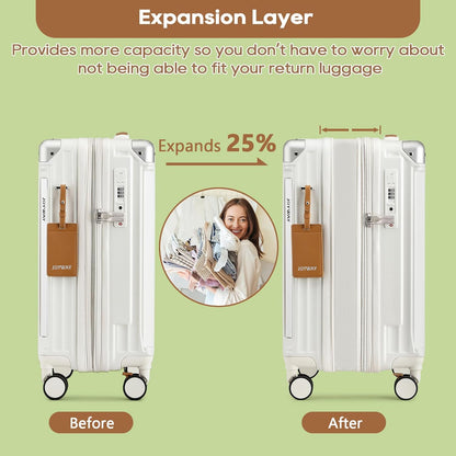 Carry On Luggage, Expandable Suitcase with Smart Cup Holder and USB Port, 20 IN Hardside Checked with TSA Lock Spinner Double Wheels, White