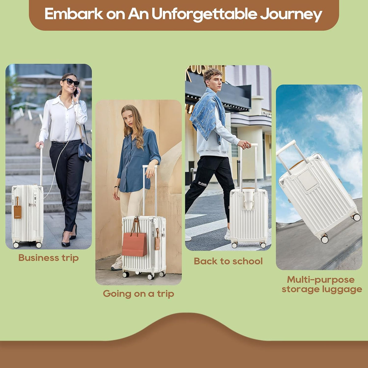 Carry On Luggage, Expandable Suitcase with Smart Cup Holder and USB Port, 20 IN Hardside Checked with TSA Lock Spinner Double Wheels, White