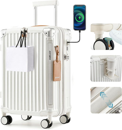 Carry On Luggage, Expandable Suitcase with Smart Cup Holder and USB Port, 20 IN Hardside Checked with TSA Lock Spinner Double Wheels, White