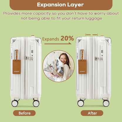 Carry On Luggage, Expandable Suitcase with Smart Cup Holder and USB Port, 20 IN Hardside Checked with TSA Lock Spinner Double Wheels, White