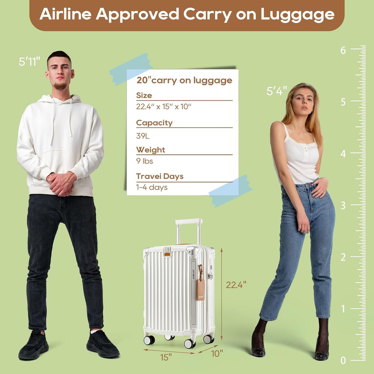 Carry On Luggage, Expandable Suitcase with Smart Cup Holder and USB Port, 20 IN Hardside Checked with TSA Lock Spinner Double Wheels, White