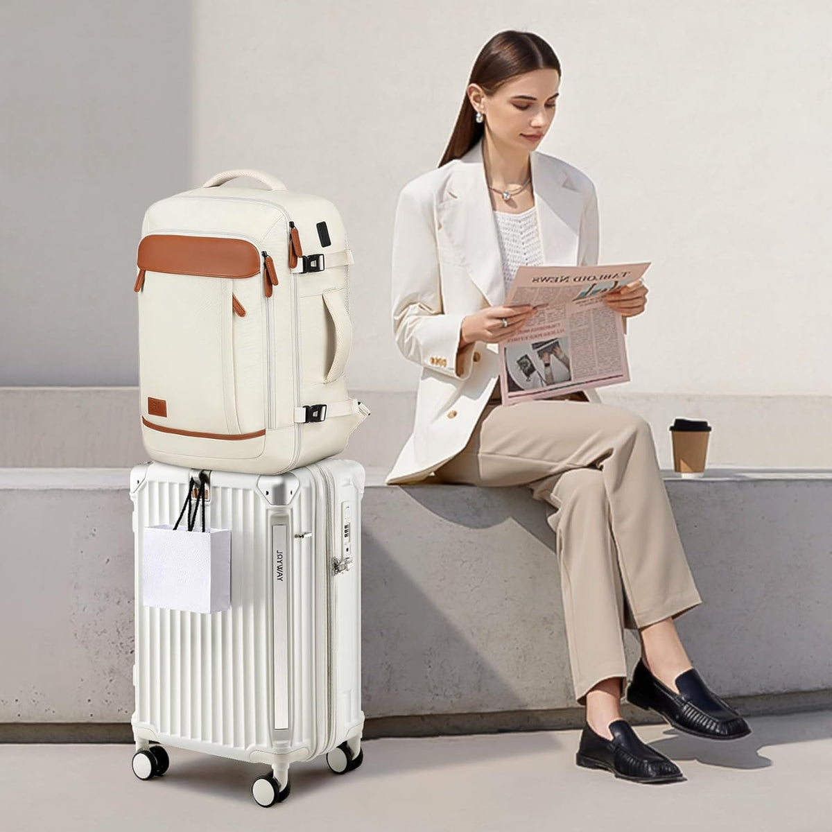 Carry On Luggage, Expandable Suitcase with Smart Cup Holder and USB Port, 20 IN Hardside Checked with TSA Lock Spinner Double Wheels, White