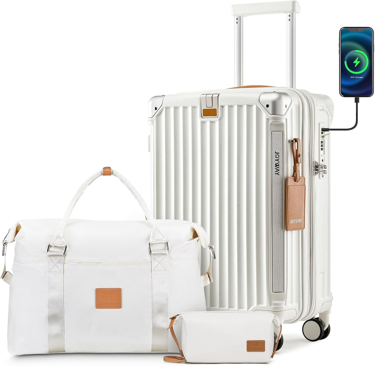 Carry On Luggage, Expandable Suitcase with Smart Cup Holder and USB Port, 20 IN Hardside Checked with TSA Lock Spinner Double Wheels, White