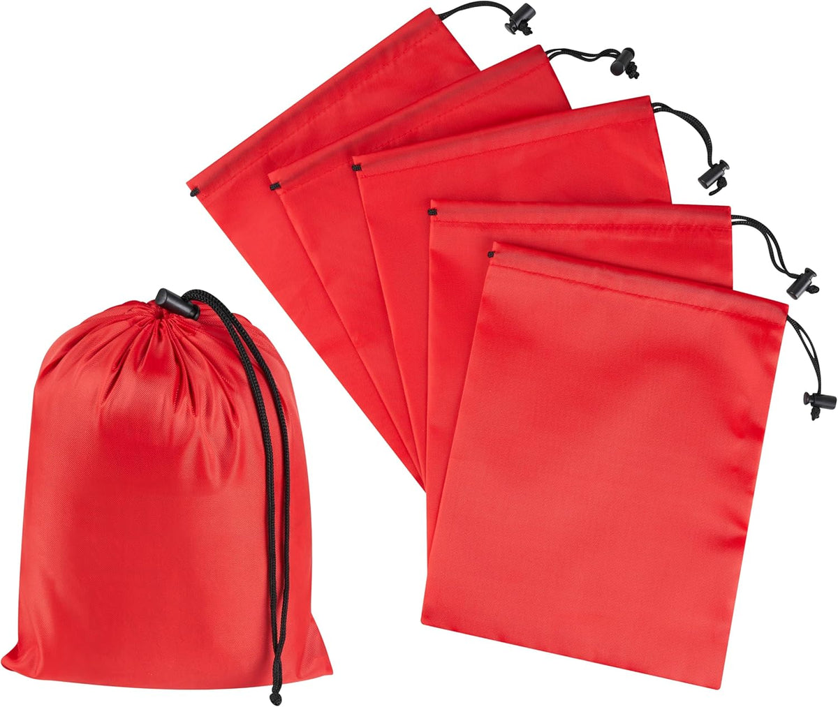 Drawstring Bag with Toggle - Nylon Cinch and Ditty Pouch for Shoes, Pantry, Closet, Travel (Red, 12 x 16 Inch, Set of 6)