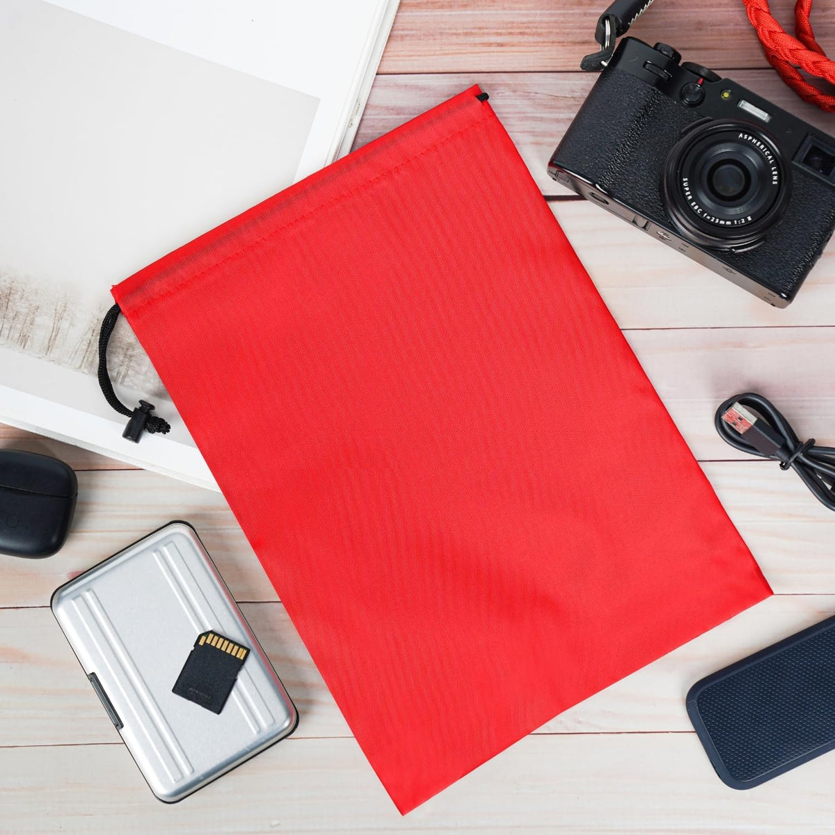 Drawstring Bag with Toggle - Nylon Cinch and Ditty Pouch for Shoes, Pantry, Closet, Travel (Red, 12 x 16 Inch, Set of 6)
