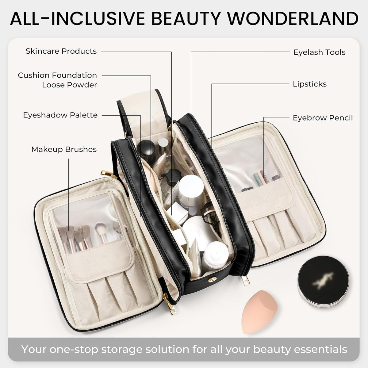 Travel Makeup Bag Women's Large Capacity Cosmetic Portable Organizer Large Opening Waterproof Storage Toiletry Bags Vertical Free-Standing Brush Holder for Easy Access Black