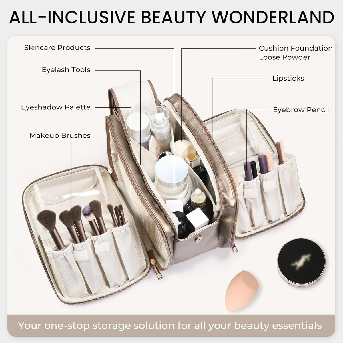 Travel Makeup Bag Women's Large Capacity Cosmetic Portable Organizer Large Opening Waterproof Storage Toiletry Bags Vertical Free-Standing Brush Holder for Easy Access Black