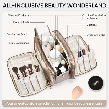 Travel Makeup Bag Women's Large Capacity Cosmetic Portable Organizer Large Opening Waterproof Storage Toiletry Bags Vertical Free-Standing Brush Holder for Easy Access Black