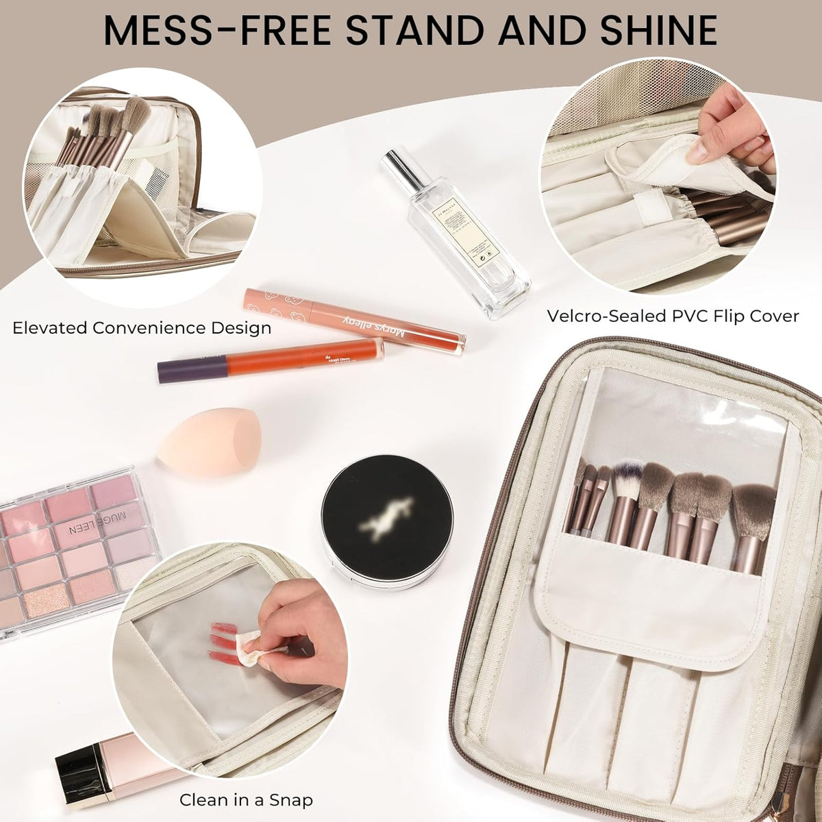 Travel Makeup Bag Women's Large Capacity Cosmetic Portable Organizer Large Opening Waterproof Storage Toiletry Bags Vertical Free-Standing Brush Holder for Easy Access Black