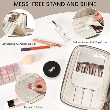 Travel Makeup Bag Women's Large Capacity Cosmetic Portable Organizer Large Opening Waterproof Storage Toiletry Bags Vertical Free-Standing Brush Holder for Easy Access Black