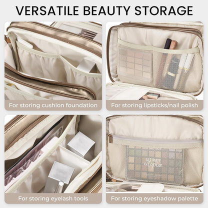 Travel Makeup Bag Women's Large Capacity Cosmetic Portable Organizer Large Opening Waterproof Storage Toiletry Bags Vertical Free-Standing Brush Holder for Easy Access Black