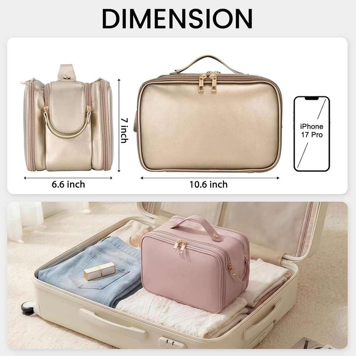 Travel Makeup Bag Women's Large Capacity Cosmetic Portable Organizer Large Opening Waterproof Storage Toiletry Bags Vertical Free-Standing Brush Holder for Easy Access Black