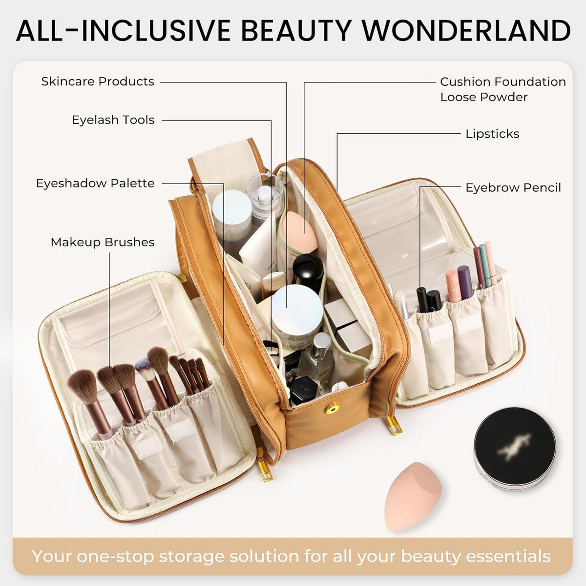 Travel Makeup Bag Women's Large Capacity Cosmetic Portable Organizer Large Opening Waterproof Storage Toiletry Bags Vertical Free-Standing Brush Holder for Easy Access Black