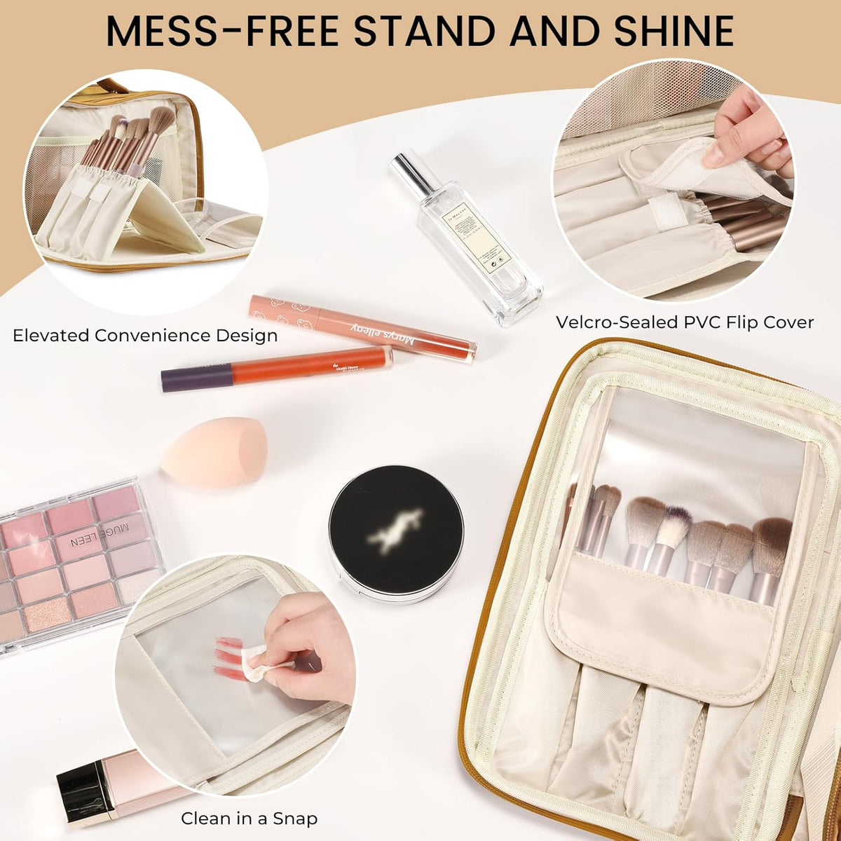 Travel Makeup Bag Women's Large Capacity Cosmetic Portable Organizer Large Opening Waterproof Storage Toiletry Bags Vertical Free-Standing Brush Holder for Easy Access Black