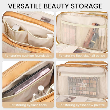 Travel Makeup Bag Women's Large Capacity Cosmetic Portable Organizer Large Opening Waterproof Storage Toiletry Bags Vertical Free-Standing Brush Holder for Easy Access Black