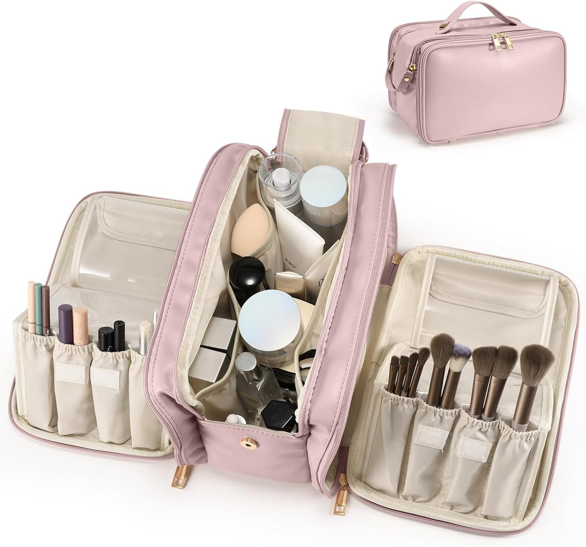 Travel Makeup Bag Women's Large Capacity Cosmetic Portable Organizer Large Opening Waterproof Storage Toiletry Bags Vertical Free-Standing Brush Holder for Easy Access Black
