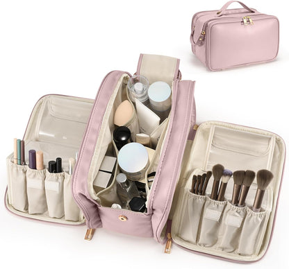 Travel Makeup Bag Women's Large Capacity Cosmetic Portable Organizer Large Opening Waterproof Storage Toiletry Bags Vertical Free-Standing Brush Holder for Easy Access Black