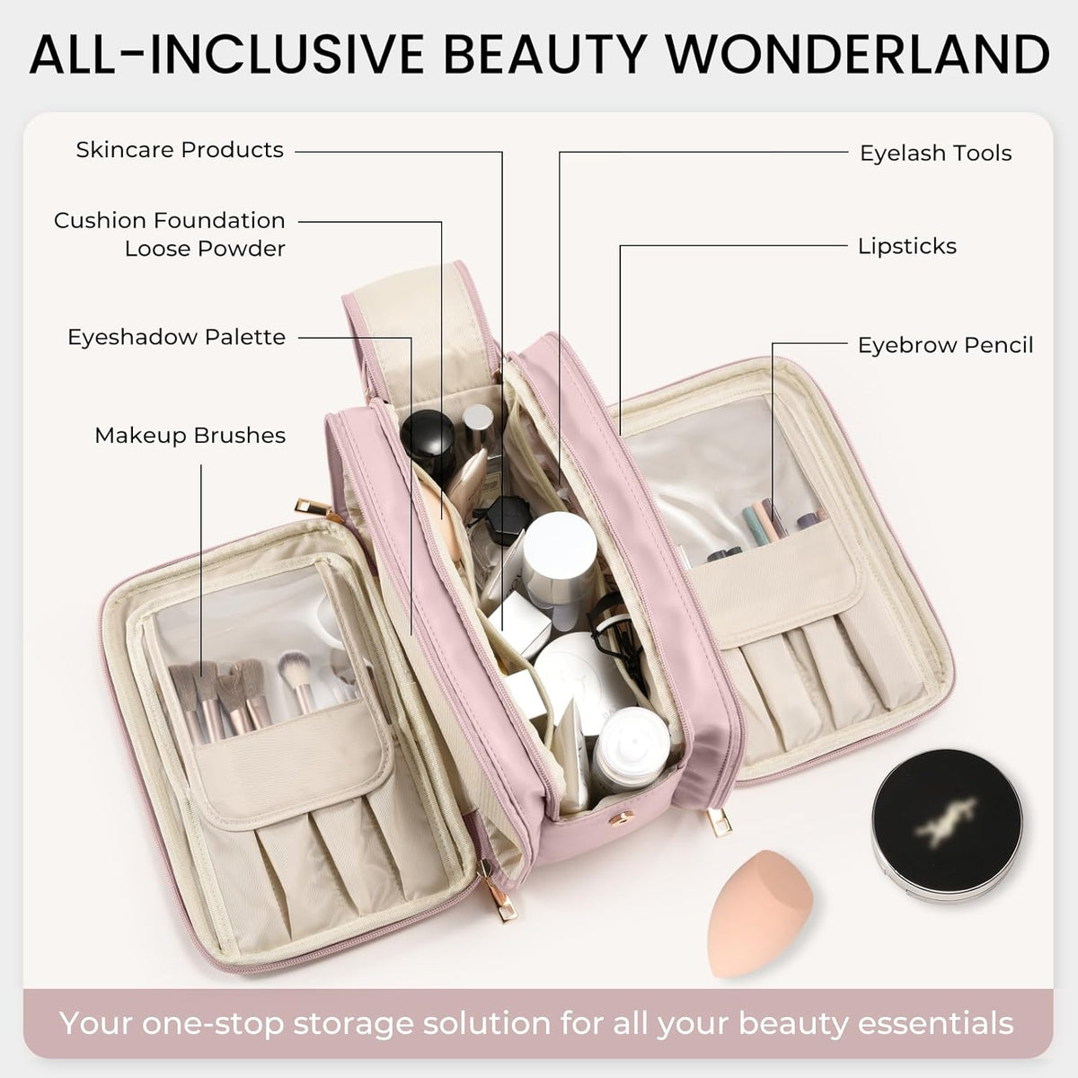 Travel Makeup Bag Women's Large Capacity Cosmetic Portable Organizer Large Opening Waterproof Storage Toiletry Bags Vertical Free-Standing Brush Holder for Easy Access Black
