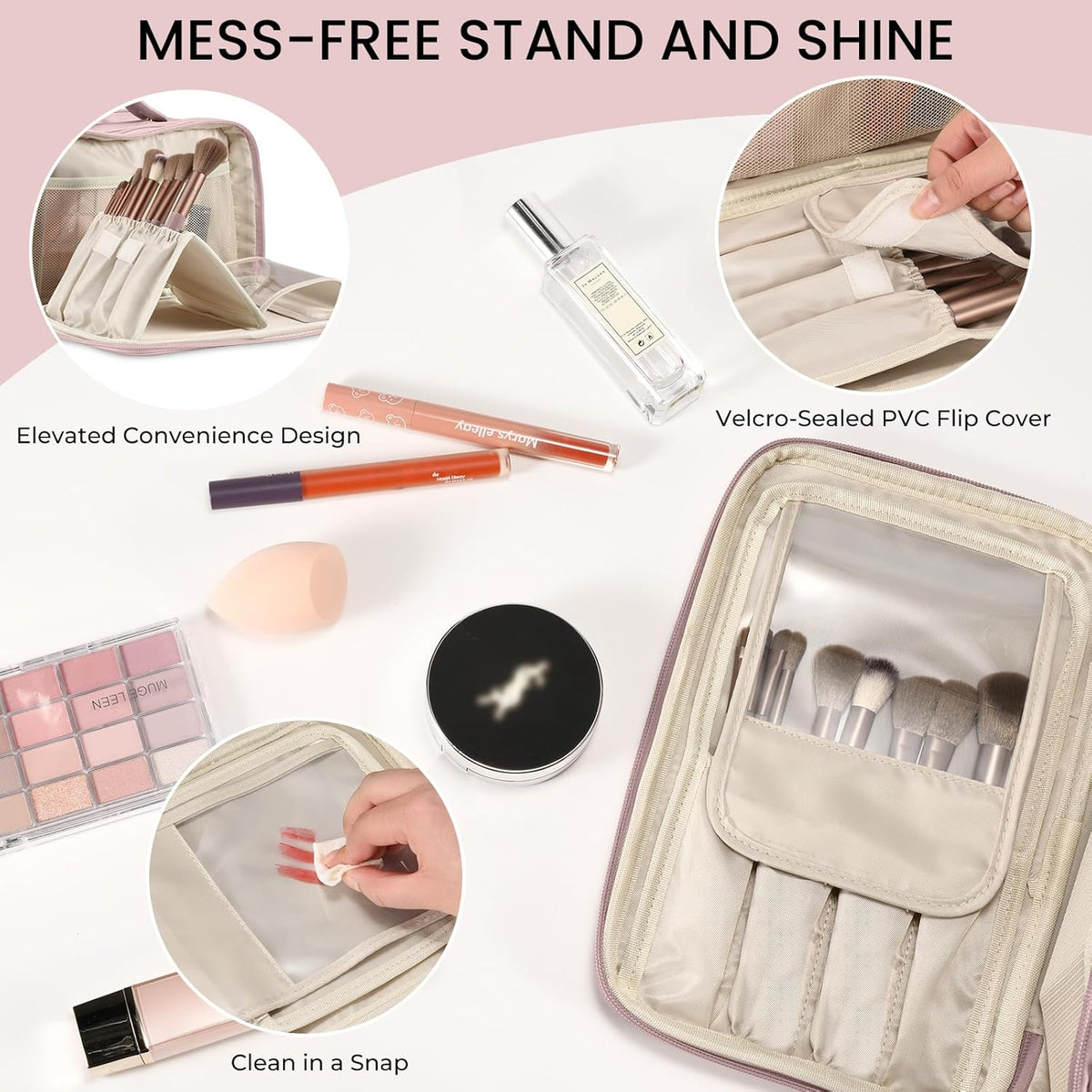Travel Makeup Bag Women's Large Capacity Cosmetic Portable Organizer Large Opening Waterproof Storage Toiletry Bags Vertical Free-Standing Brush Holder for Easy Access Black