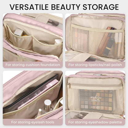 Travel Makeup Bag Women's Large Capacity Cosmetic Portable Organizer Large Opening Waterproof Storage Toiletry Bags Vertical Free-Standing Brush Holder for Easy Access Black