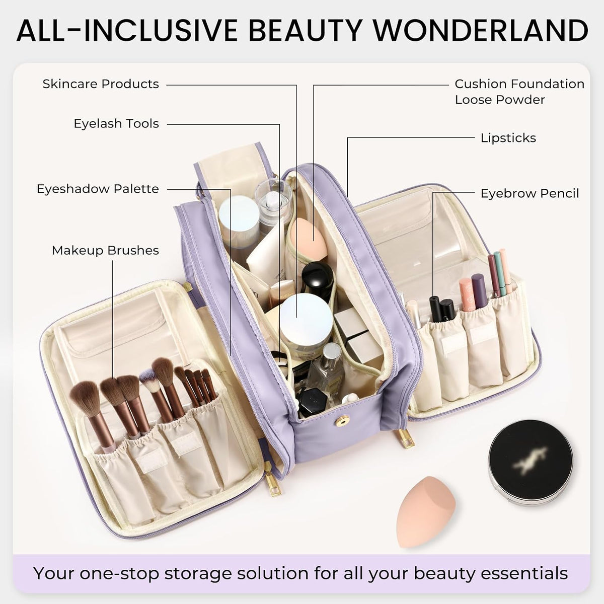 Travel Makeup Bag Women's Large Capacity Cosmetic Portable Organizer Large Opening Waterproof Storage Toiletry Bags Vertical Free-Standing Brush Holder for Easy Access Black
