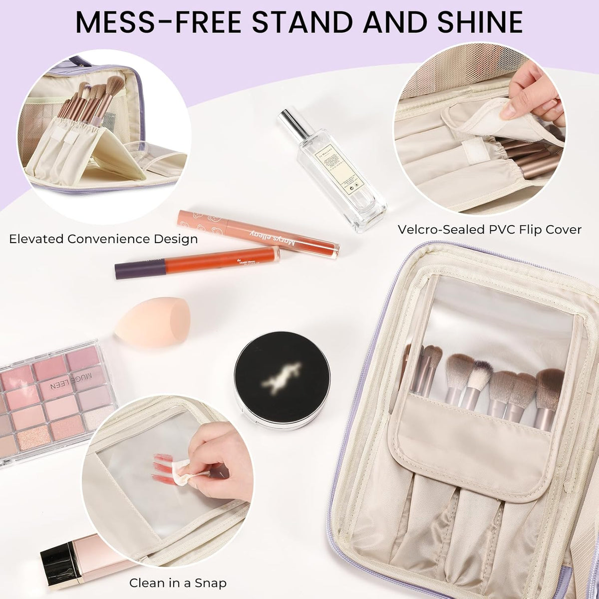 Travel Makeup Bag Women's Large Capacity Cosmetic Portable Organizer Large Opening Waterproof Storage Toiletry Bags Vertical Free-Standing Brush Holder for Easy Access Black