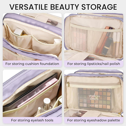 Travel Makeup Bag Women's Large Capacity Cosmetic Portable Organizer Large Opening Waterproof Storage Toiletry Bags Vertical Free-Standing Brush Holder for Easy Access Black
